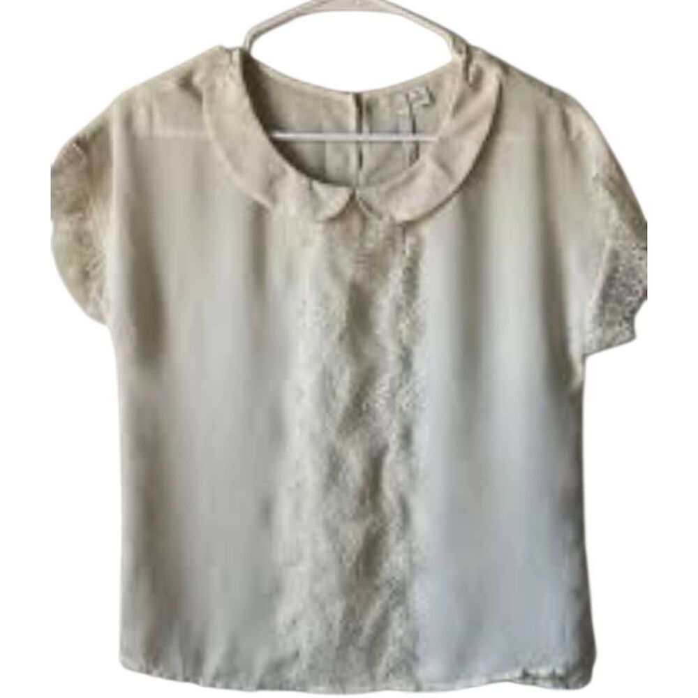 Lauren Conrad Women's Ivory Polyester Lace Accent Short Sleeve Collared Career B